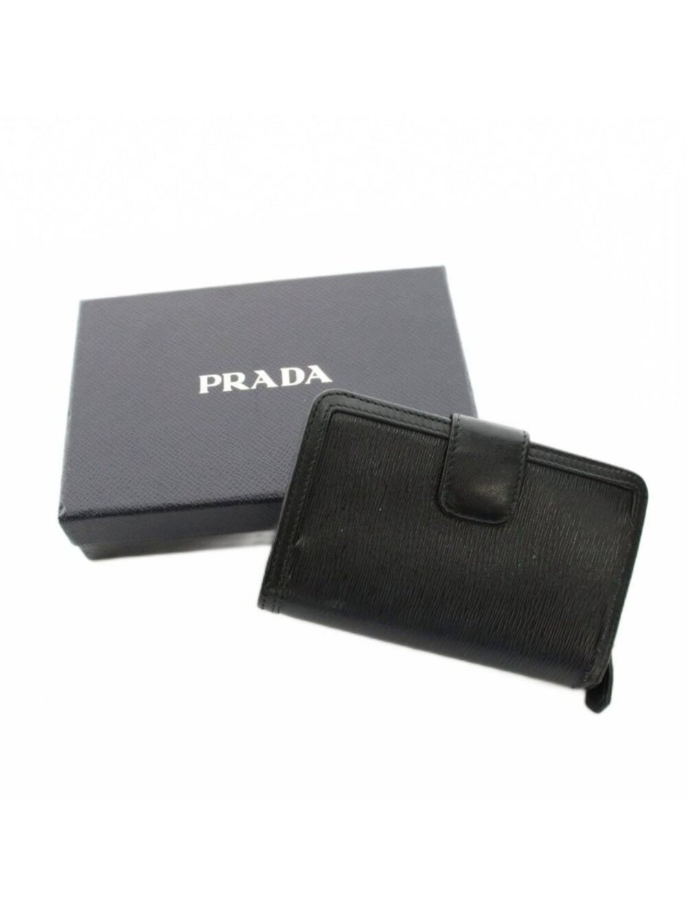 Prada Bifold Wallet Compact Leather Ribbon Motif Black YM - Picture 9 of 9